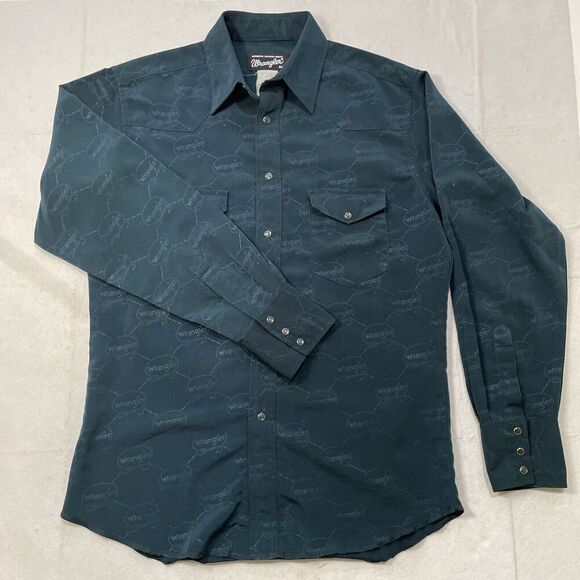 Vintage Wrangler Mens Medium Green Pearl Snap All Over SpellOut Western Shirt - Picture 2 of 6